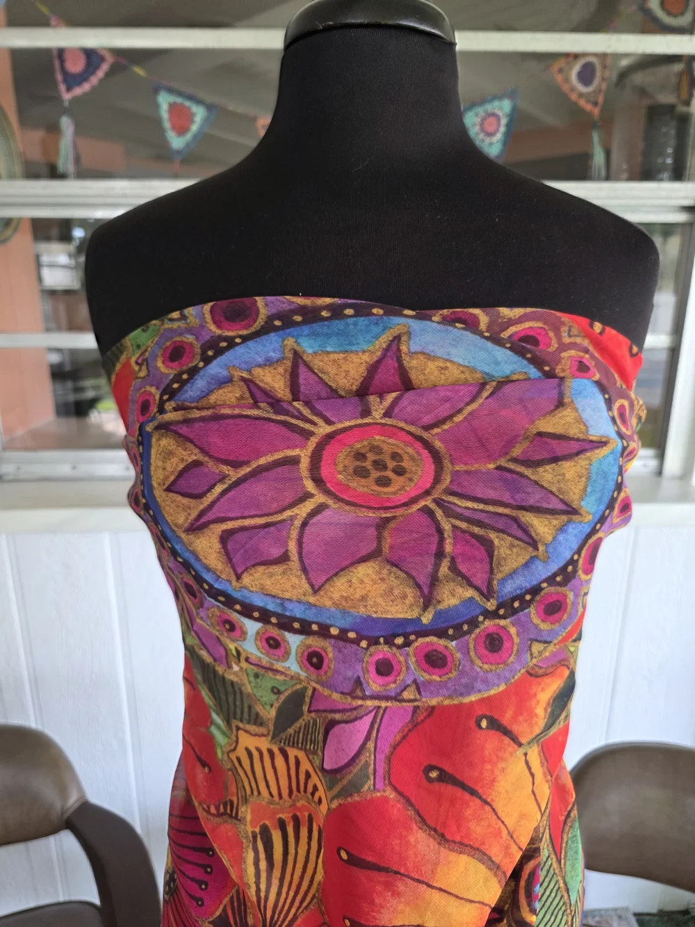 Laurel Burch Mandala Sheer Scarf Orange, Purple & Pink Floral Tassel Scarf